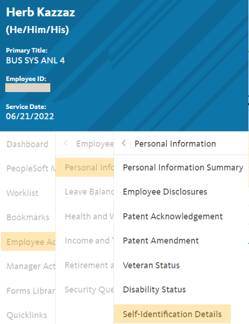 Finding the Self-Identification Details tab in UCPath.